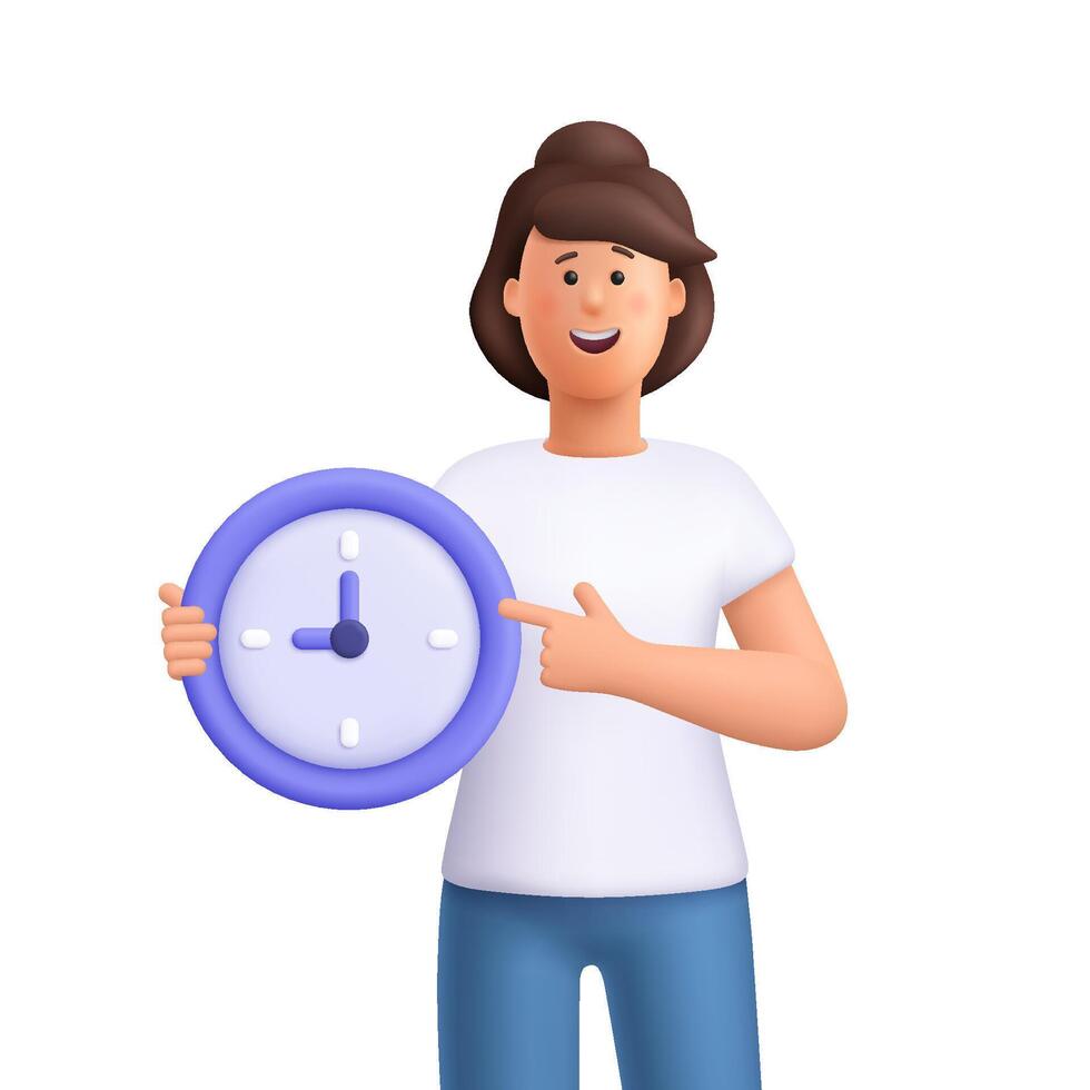 Young smiling woman Jane holding a round clock and pointing at it. Punctuality, scheduling, reminders, time management and deadline concept. 3d people character. Cartoon minimal style. vector