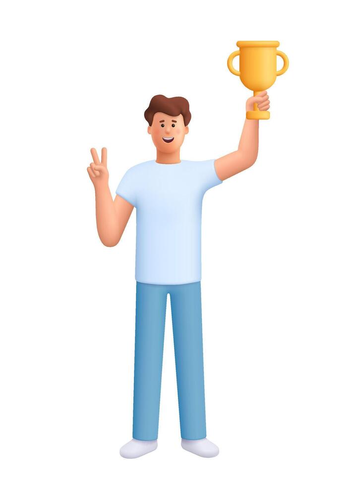 Young smiling man James holding a golden trophy high in hand and showing a peace sign. Winning, competition and personal accomplishment concept. 3d people character. Cartoon minimal style. vector