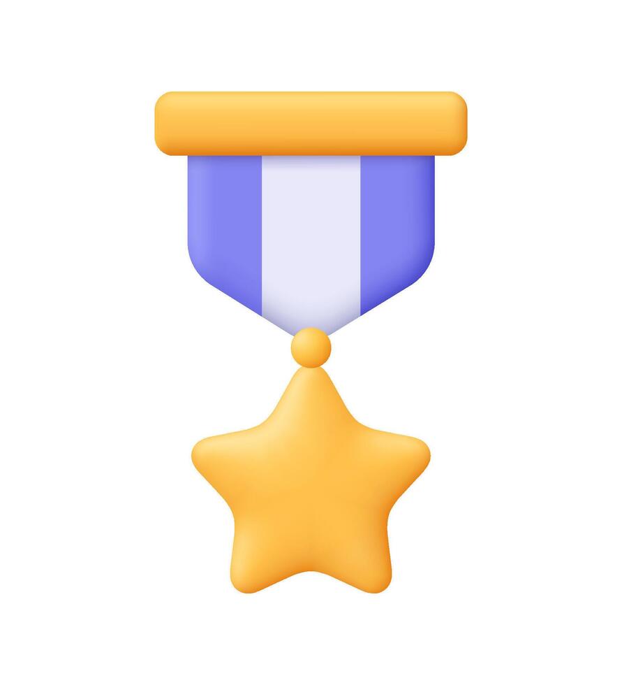 Golden star medal and purple and white ribbon. Awards, recognition, accomplishment, ranking, guarantee concept. 3d icon. Cartoon minimal style. vector