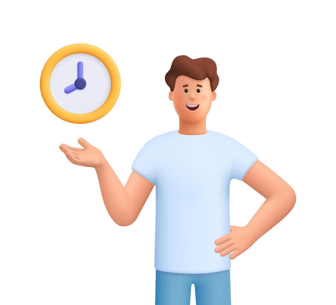 Young smiling man James standing with hand on hip and showing a clock. Time management, productivity, scheduling and punctuality concept. 3d people character. Cartoon minimal style. vector