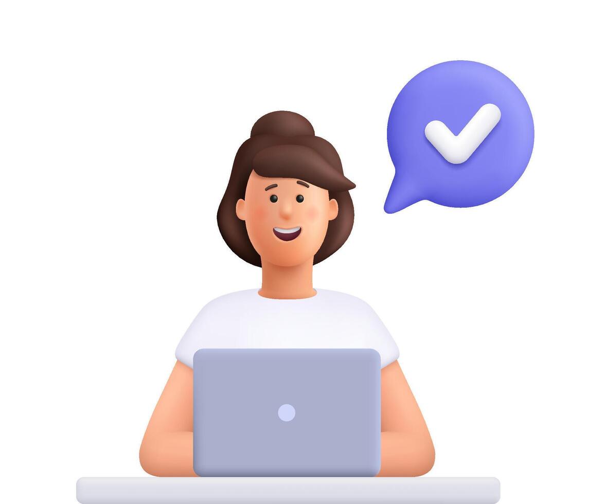 Young smiling woman Jane working on a laptop with a speech bubble and check mark. Productivity, success, approval, or task and feedback concept. 3d people character. Cartoon minimal style. vector