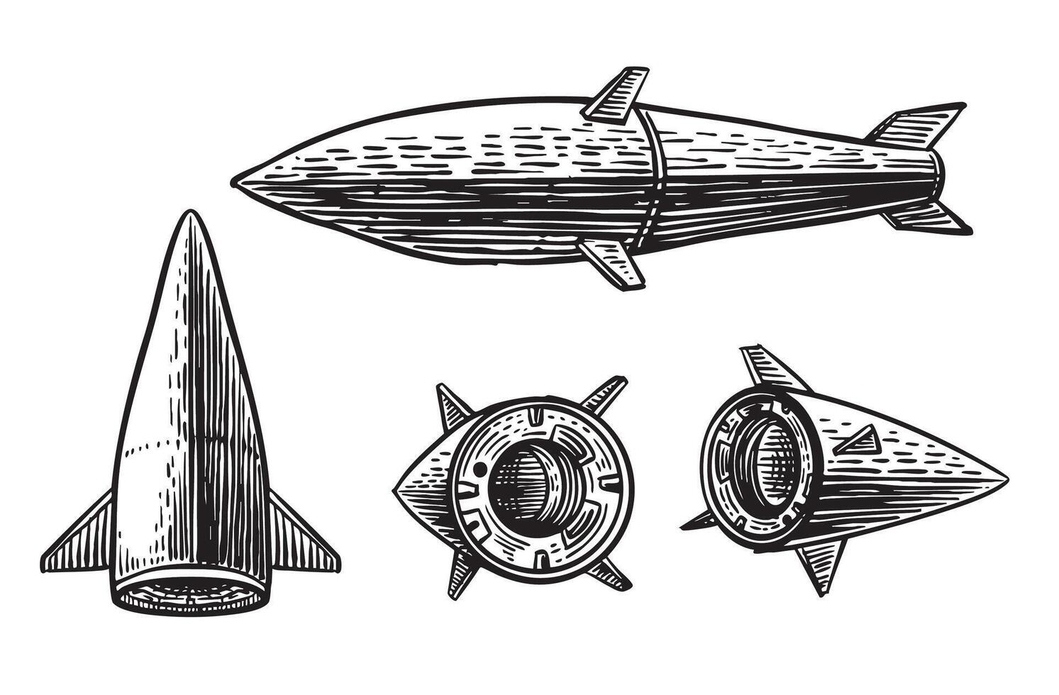Black and white missile illustration in vintage engraving style. Great for war posters, gear packaging, and military designs. Ideal for print and digital use. vector