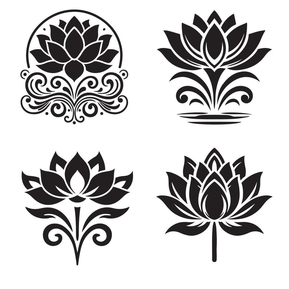 Set of decorative floral elements in black silhouette style vector