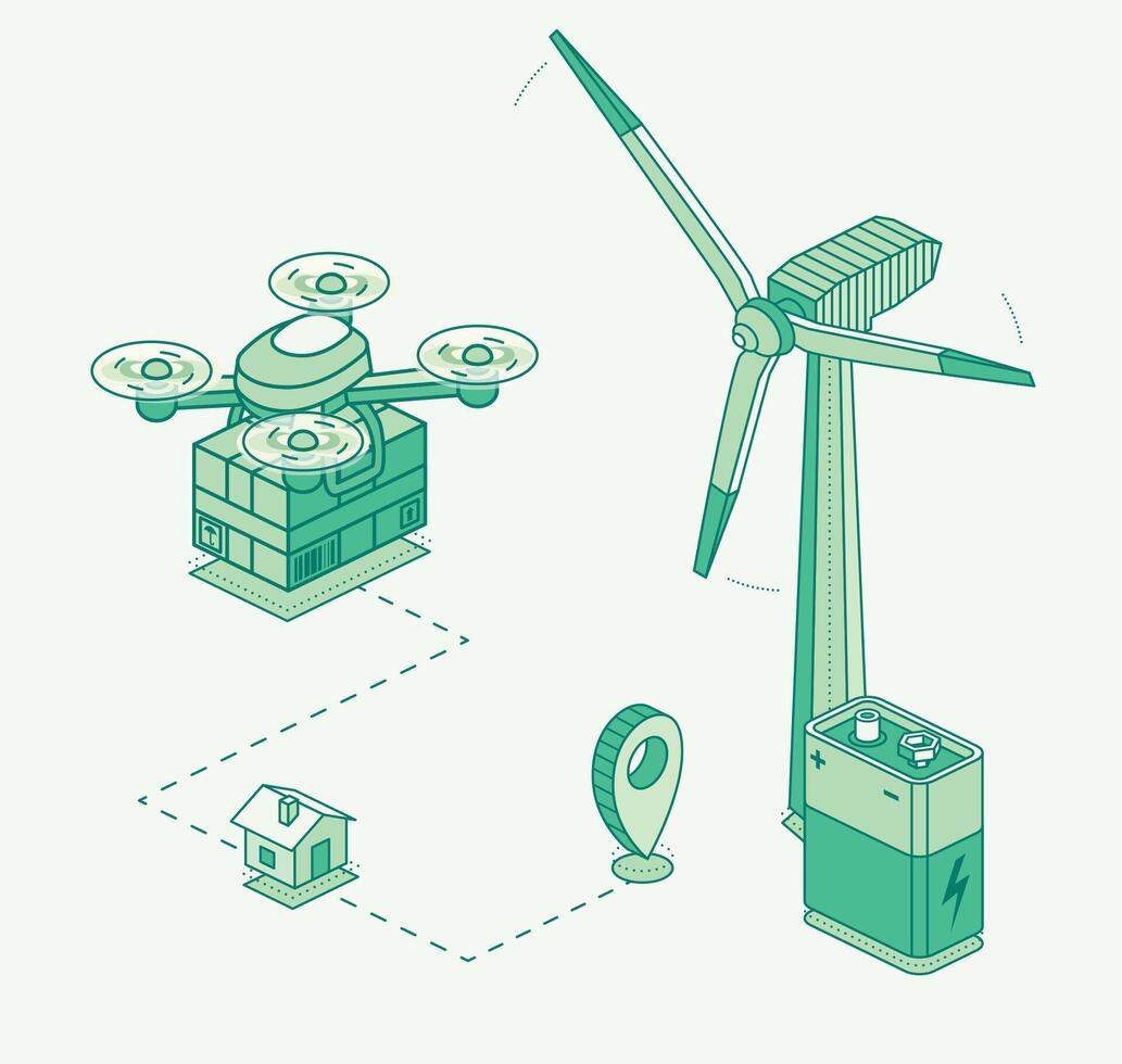 Isometric illustration of a delivery drone transporting a package to a house using a route map. Powered by wind energy and battery. Concept of eco-friendly smart logistics. vector