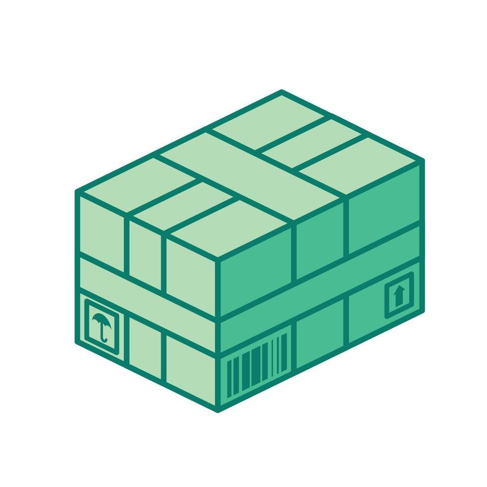 Isometric sealed cardboard package with tape and shipping labels. Concept of delivery, logistics, and modern e-commerce packaging. vector