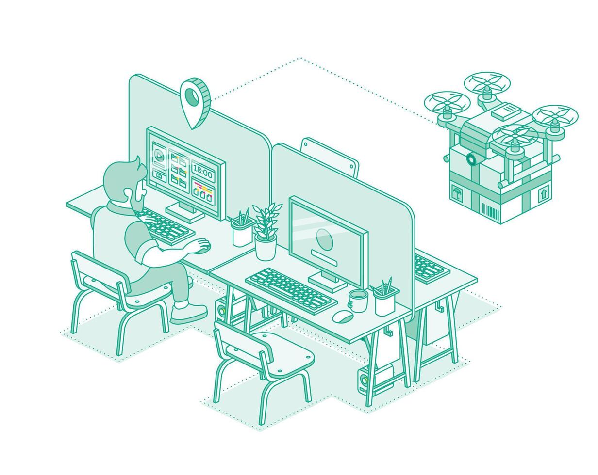 Man working at a desk in an open space office while a delivery drone approaches. Concept of smart logistics, remote work, and modern technology integration. Isometric outline illustration. vector