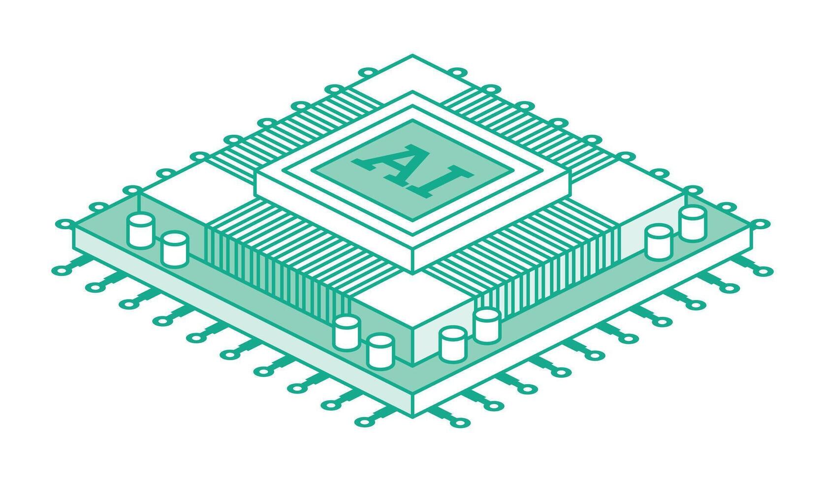 AI CPU microchip. Isometric illustration. Digital processor with circuits and components, symbolizing artificial intelligence and advanced computing technology. vector