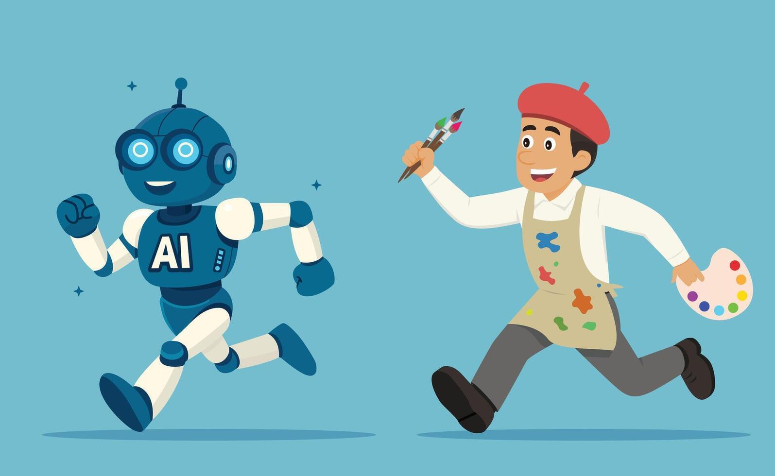 Joyful artist runs after a smiling AI robot. Fun cartoon style illustration. Creative chase between human imagination and artificial intelligence. vector