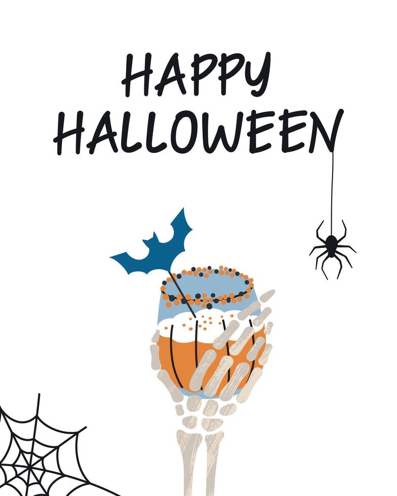 Flat cartoon illustration of Halloween party invitation, greeting card with skeleton hand holding pumpkin cocktail, bat decoration, spider and web. Holiday banner, spooky drink, celebration vector