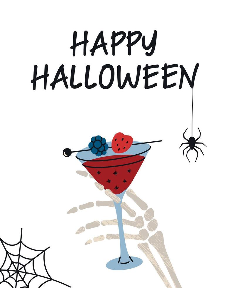 Flat cartoon illustration Halloween card, skeleton hand holding spooky cocktail, witch heart. Design with gothic drink, spiderweb and happy halloween lettering for party invitations, bar menu vector