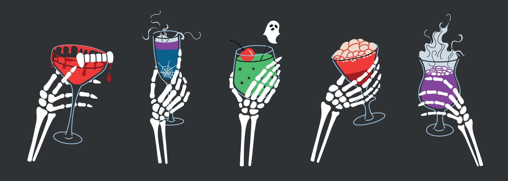 Flat cartoon illustration of skeleton hands holding spooky cocktails for Halloween party. Smoke, creepy garnishes, potion drinks set, martini and punch. Dark background, seasonal celebration vector