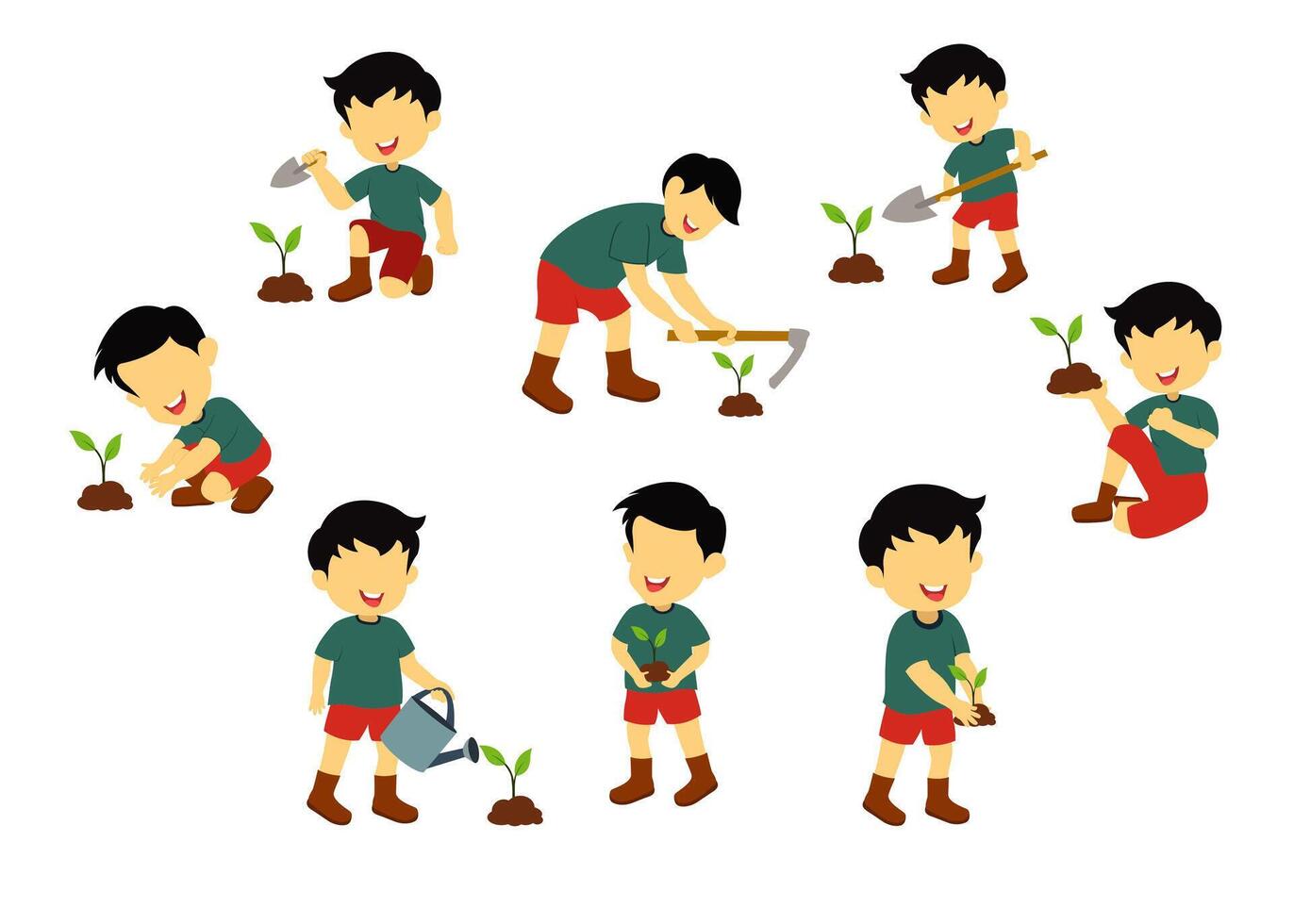 illustration set of boy planting and sleeding farm in garden. vector