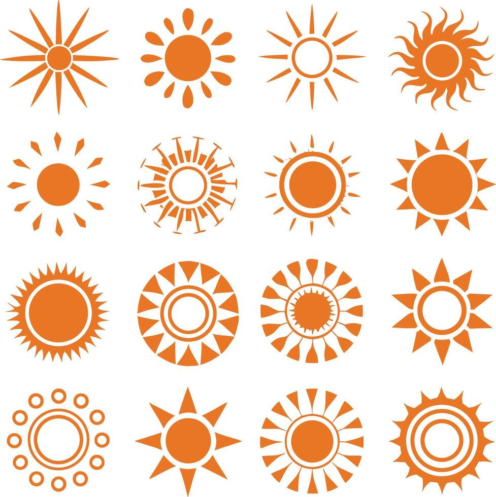 Diverse Orange Sun Icon Set for Summer, Nature, and EnergyThemed Graphics vector