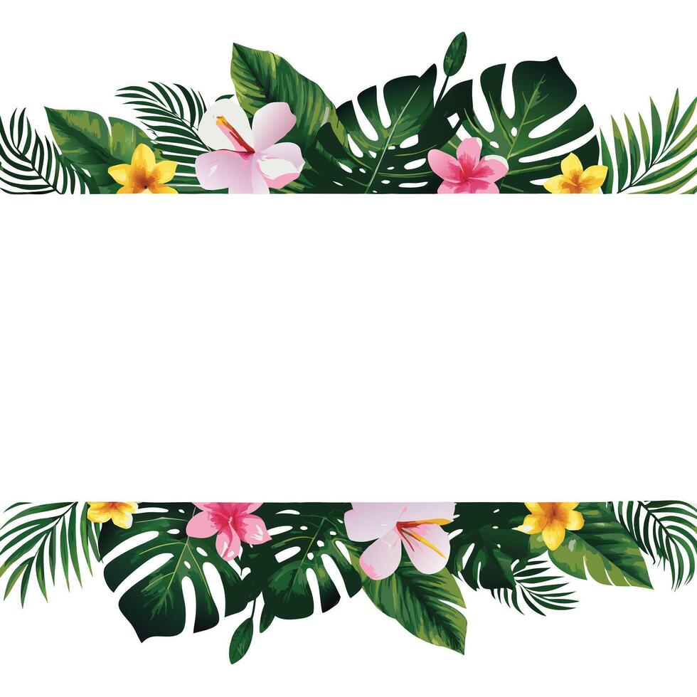 Lush Tropical Floral Border Design Vibrant Hibiscus, Monstera Leaves, and Exotic Blooms for Summer Invitations and Party Decor vector