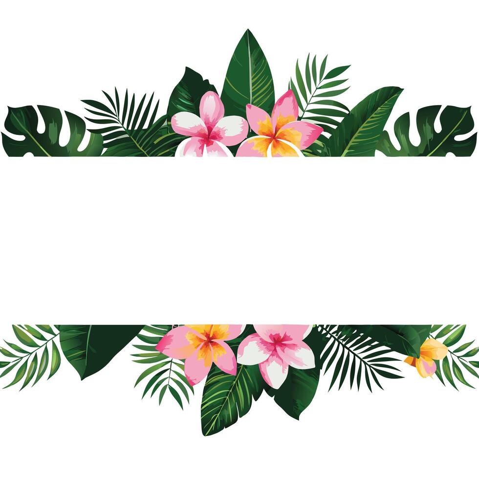 Lush Tropical Plumeria Flowers and Palm Leaves Frame, Vibrant Summer Border, Exotic Floral Design, White Background vector
