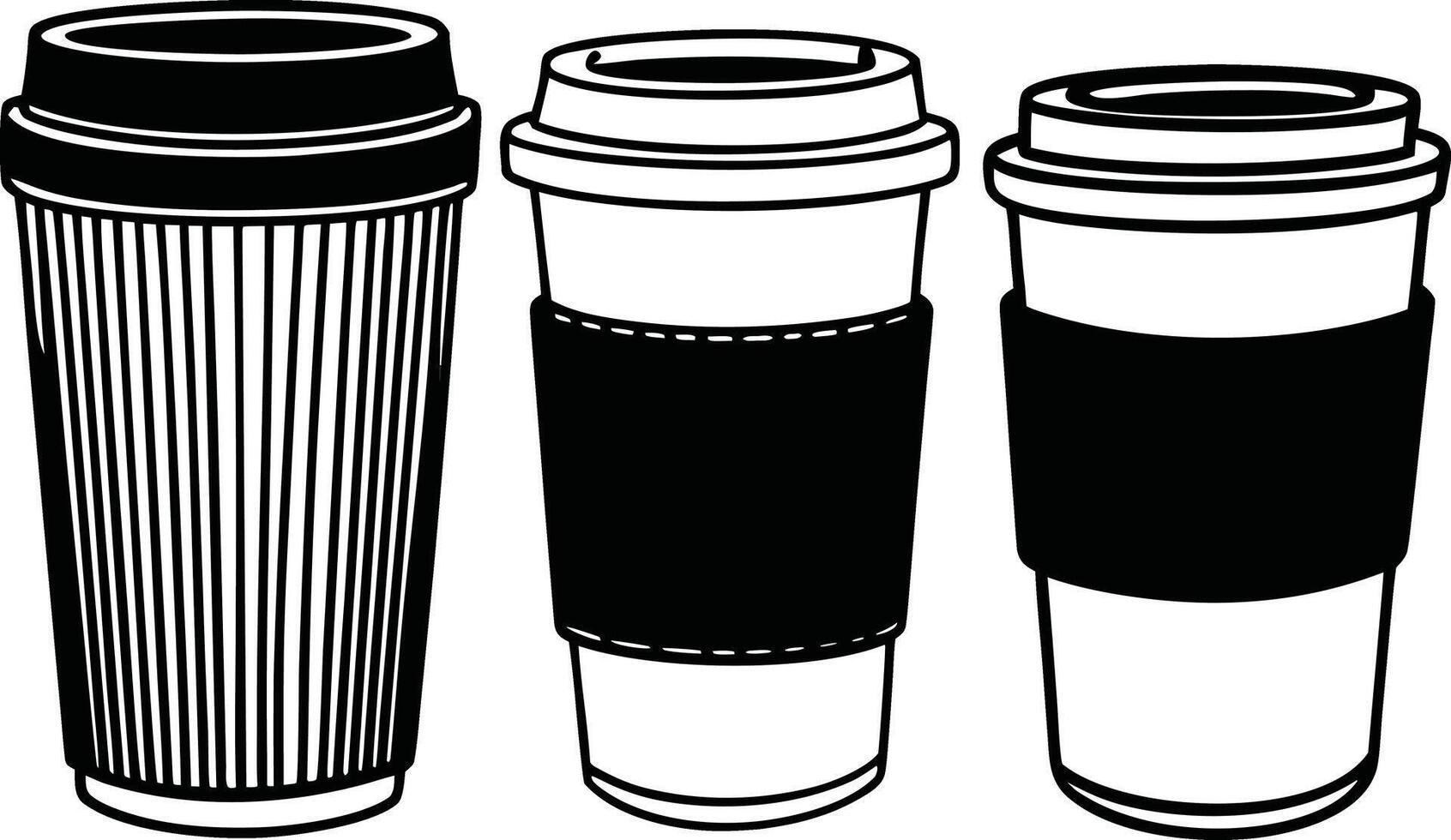 Disposable Coffee Cup Illustrations in Black and White with Sleeves vector
