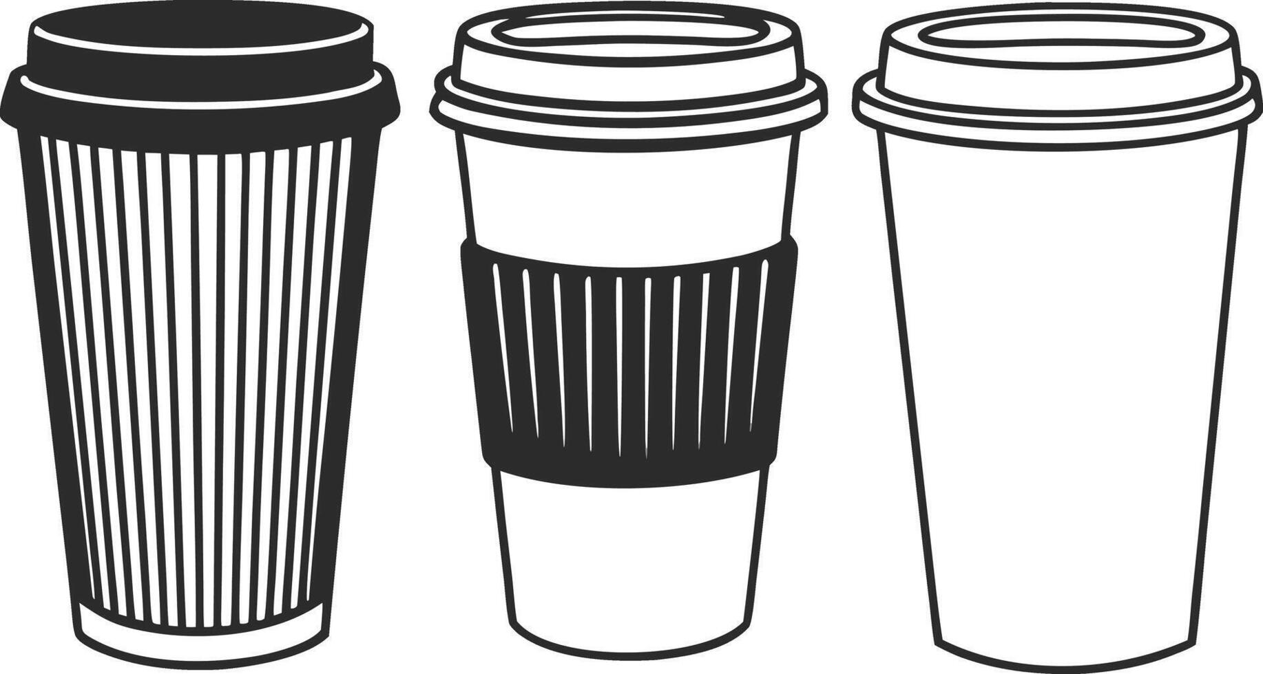Stylized Black and White Coffee Cup Icon Trio for Cafe Branding vector