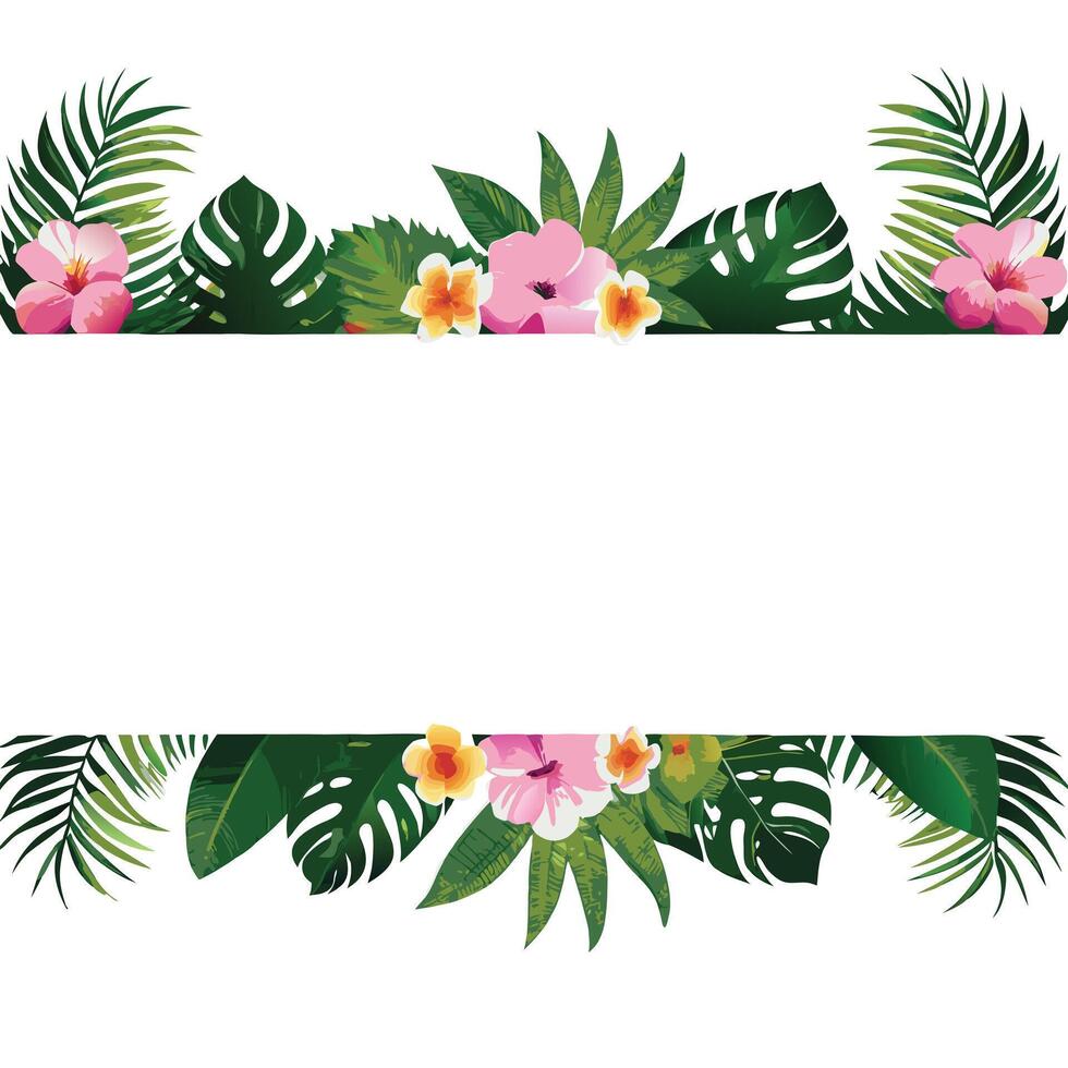 Lush Tropical Floral Border Design Vibrant Pink Hibiscus and Frangipani Flowers with Monstera Leaves for Summer Invitations vector