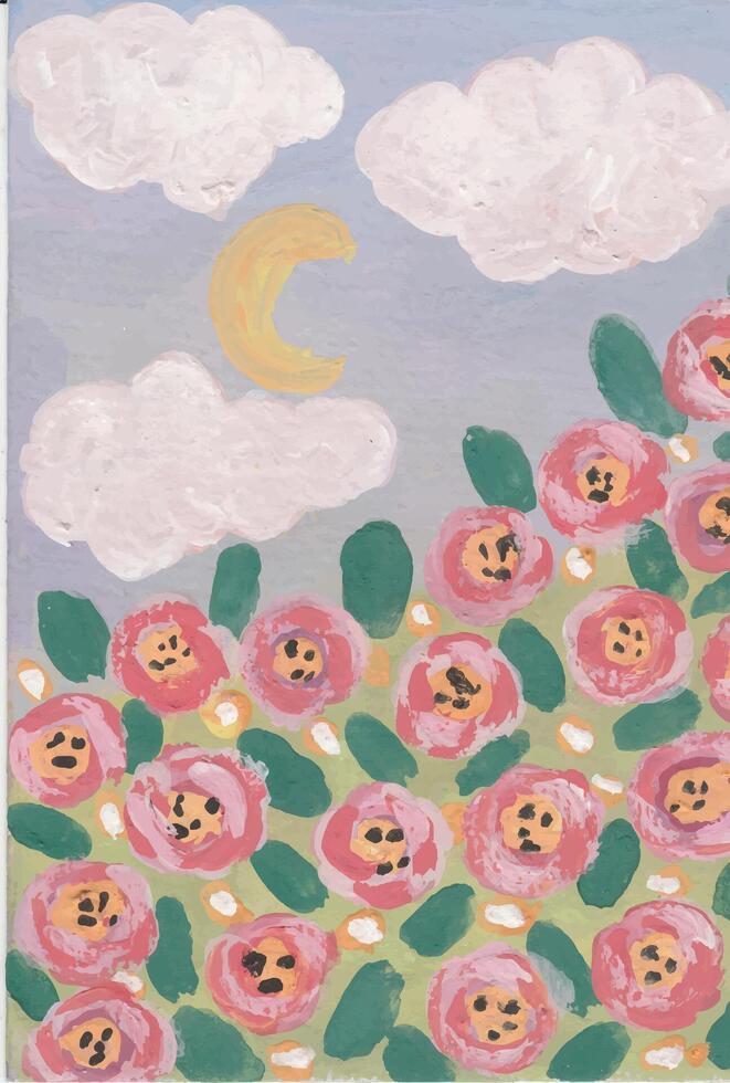 A Dreamy Field of Pink Roses Under a Crescent Moon vector