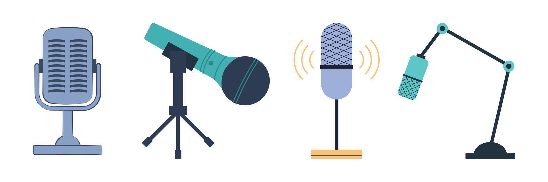 Flat illustrations podcasting tools, voice recording and audio streaming elements. Podcast Items Set. vector