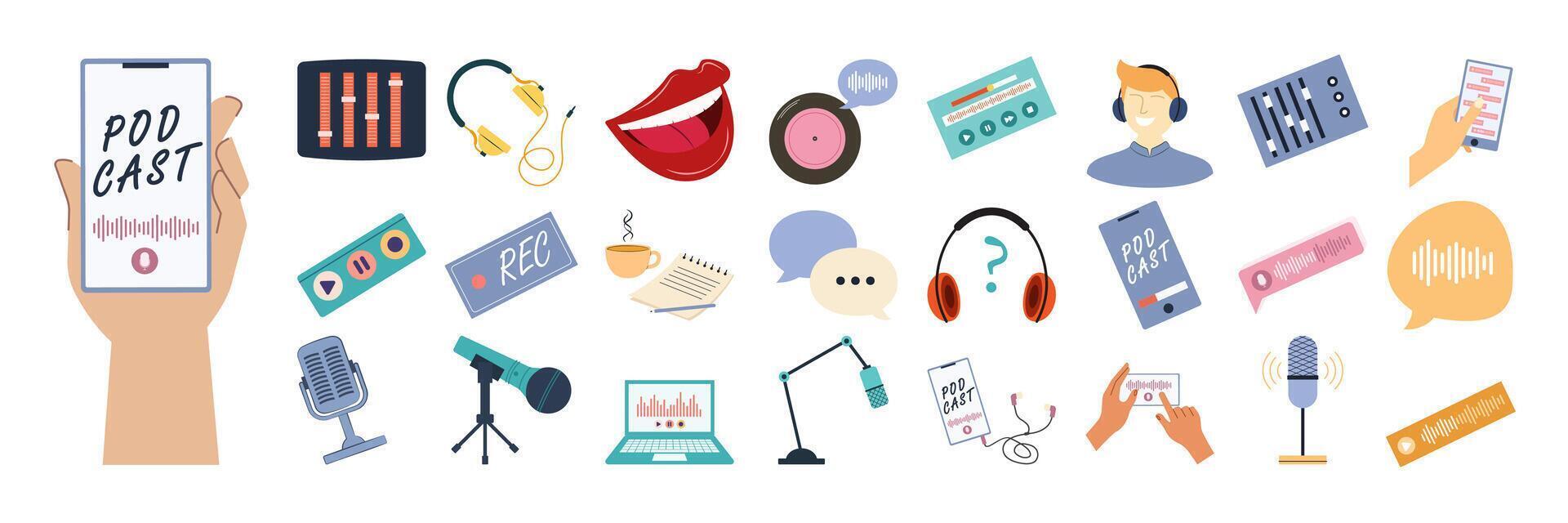 Podcast icons and equipment illustrations vector