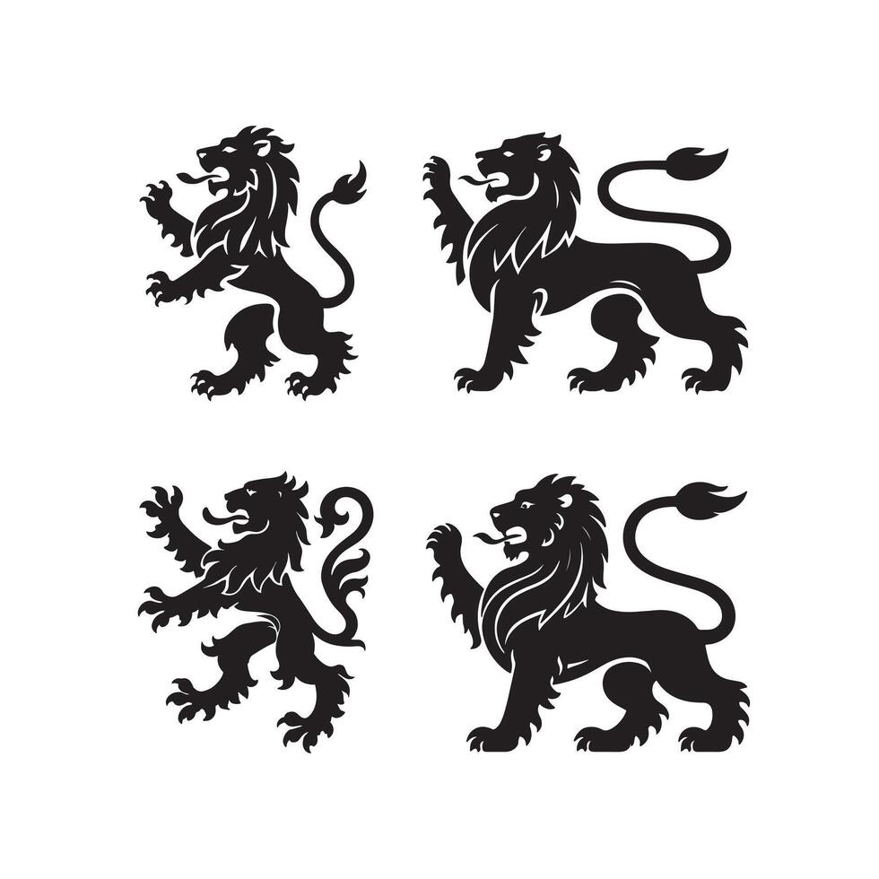 Royal Heraldic Lion Silhouette Set Isolated On White Background Medieval Coat Of Arms Elements vector