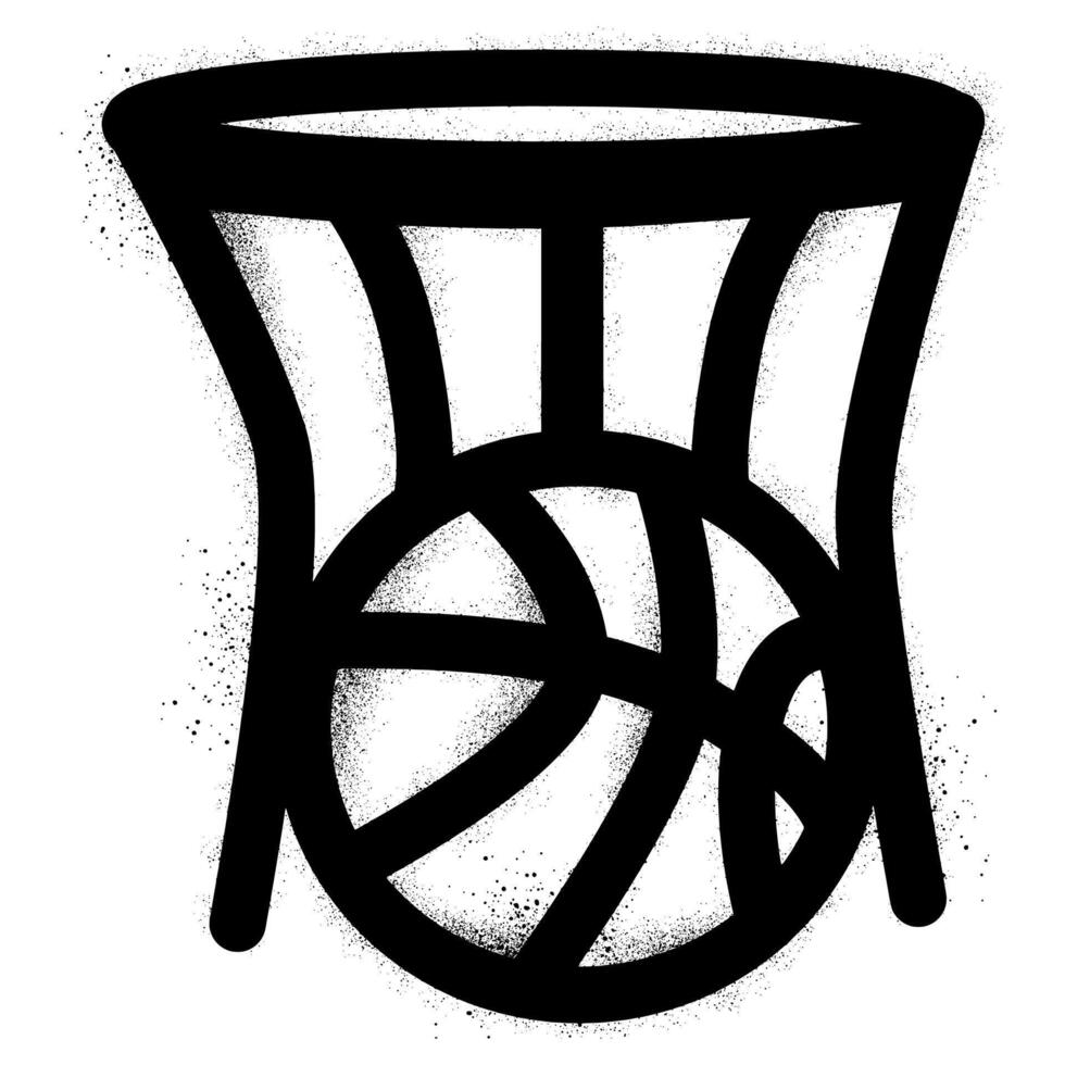 Basketball inside basketball hoop with black spray paint graffiti vector