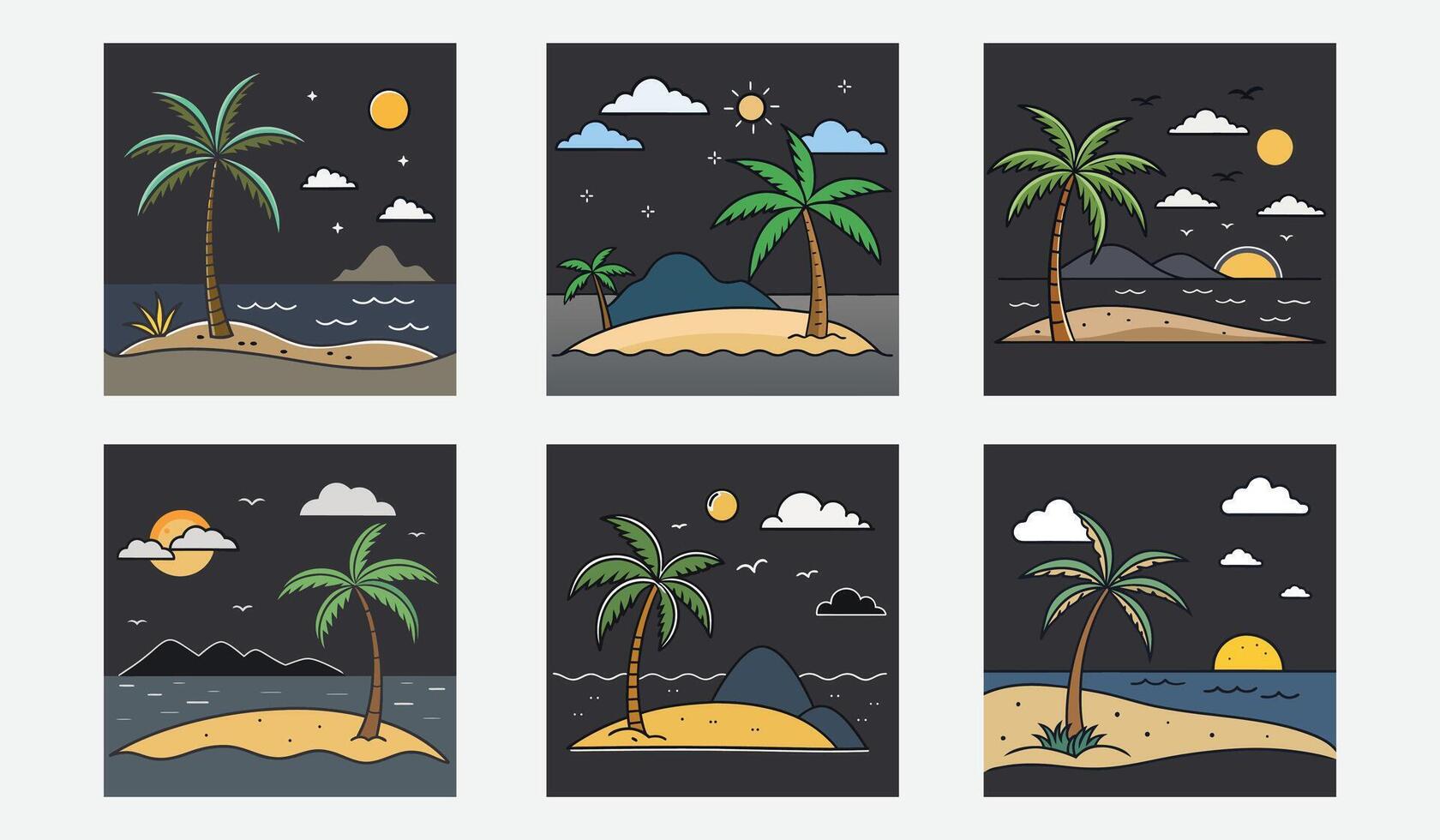 Tropical Sandy Beach Coastline Seaside Ocean Horizon Waves Palm Trees and Sunset Landscape Illustration Set vector