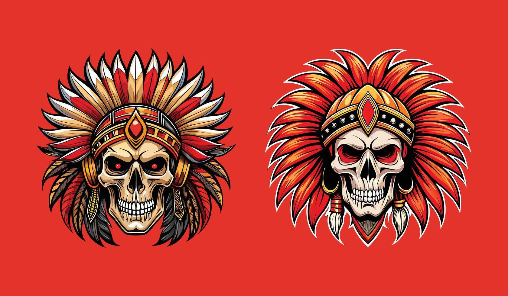 Human Skull with Native American Inspired Feathered War Bonnet Colorful Illustration of Tribal Headdress Art vector