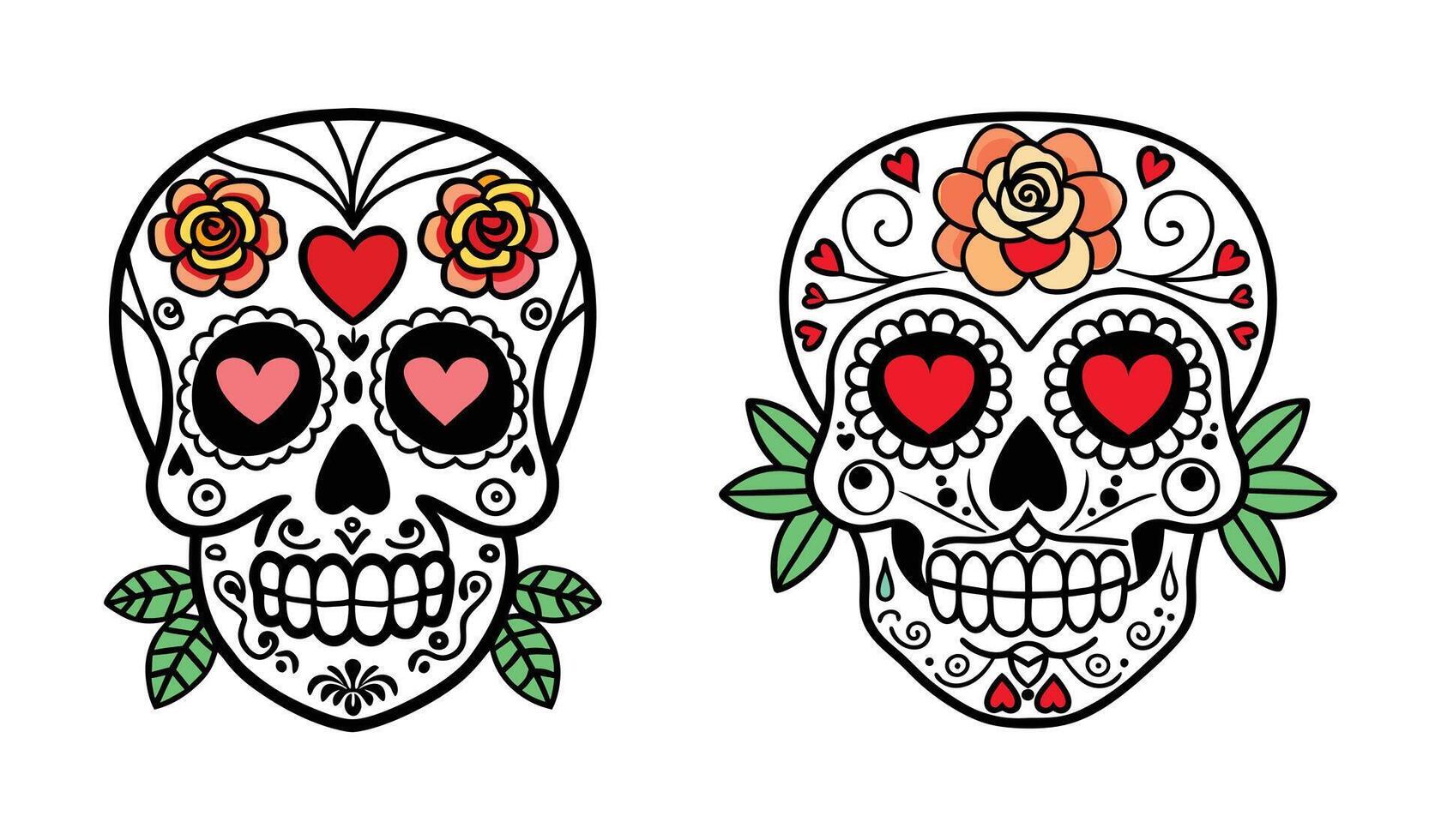 Vibrant Colorful Sugar Skull Collection with Intricate Floral and Ornamental Day of the Dead Designs vector