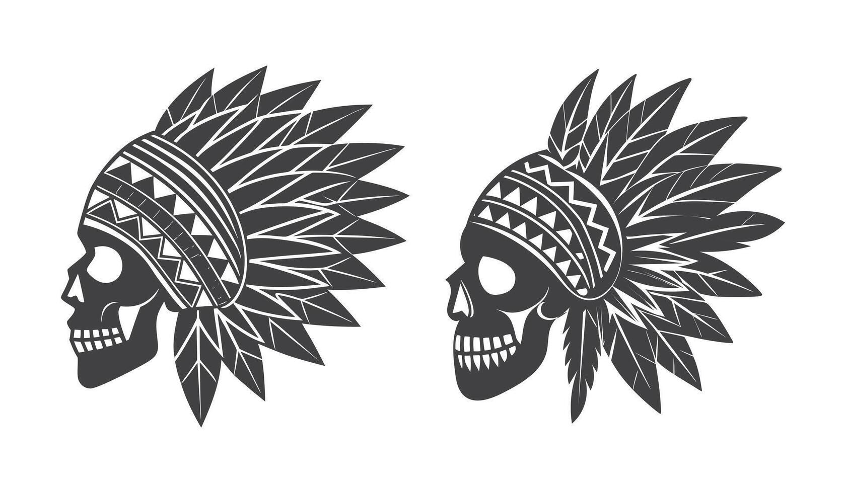 Human Skull Side View with Detailed Native American Feather Headdress Unique Silhouette Art Collection vector