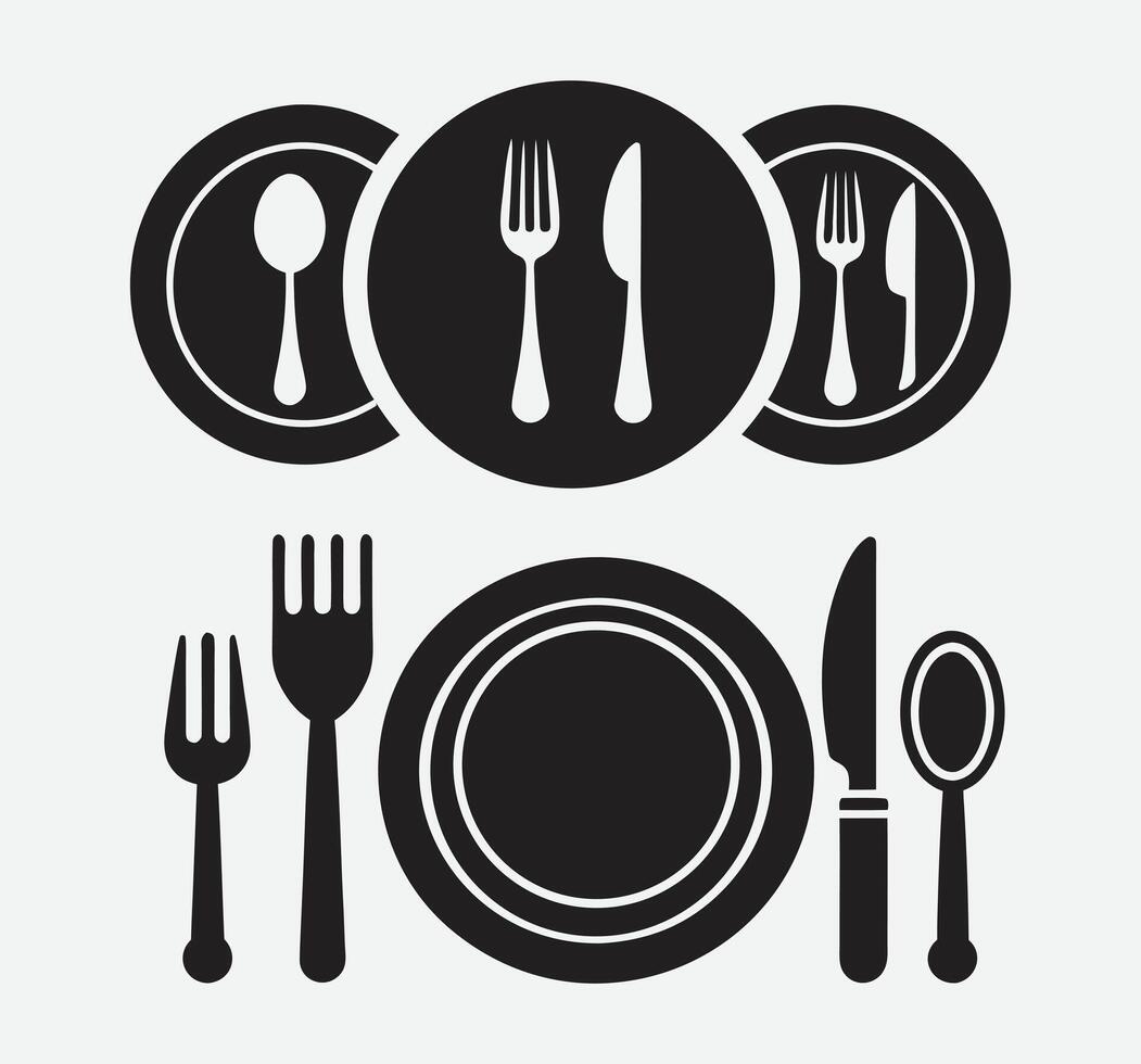 Dining Utensils Plate Knife Spoon Fork Silhouettes Set for Restaurant Kitchen Culinary Tableware Art vector