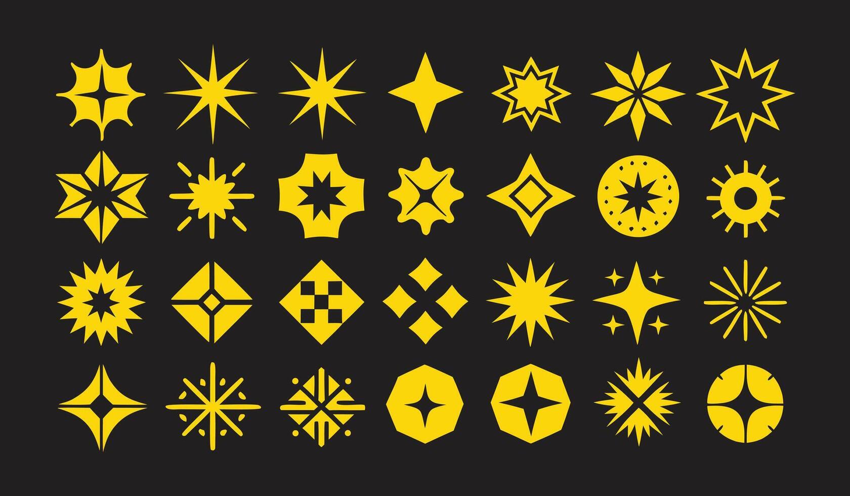 Collection of Hand Drawn Icons of Diverse Star Shapes and Sparkle Elements with Decorative Radiant Designs vector