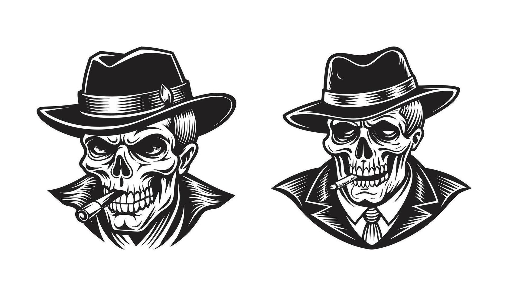 Skull in Fedora Hat with Cigar in Mouth Grayscale Silhouette of Smoking Skeleton Wearing Classic Headwear vector