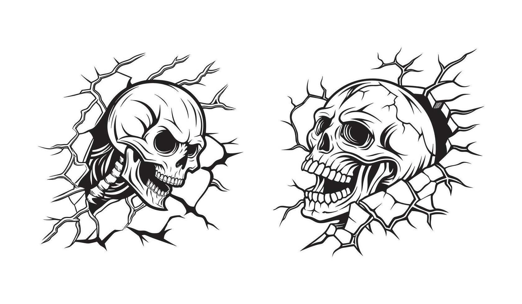 Human Skull Emerging Dramatically Through Cracked Broken Wall with Detailed Silhouette in Dark Mysterious Style vector