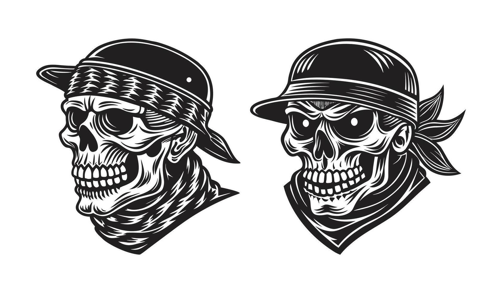 Skull Wearing Backwards Baseball Cap and Bandana Monotone Silhouette Illustration in Unique Dark Style vector