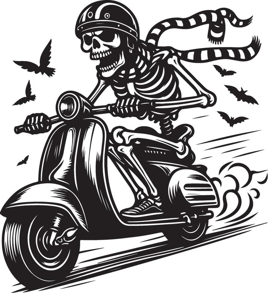hand drawn skeleton riding scooter vector