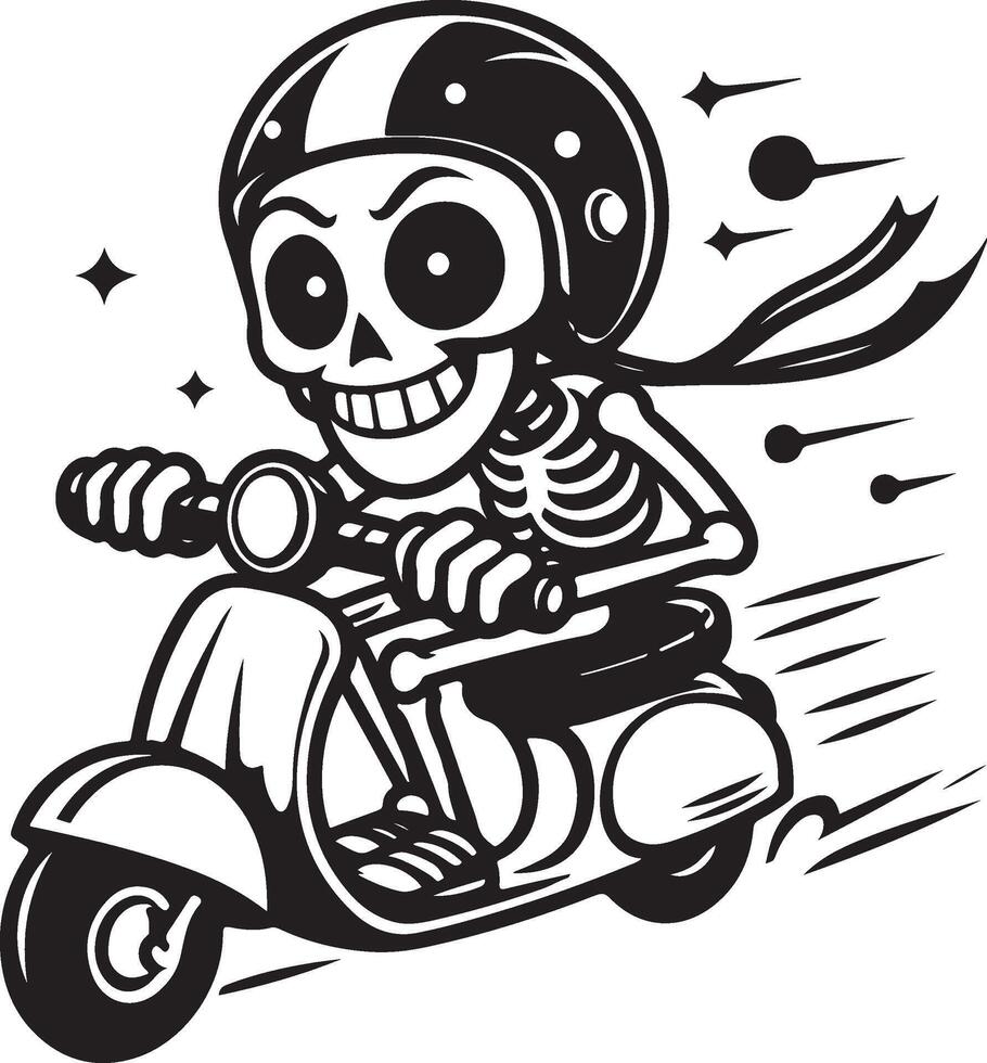 funny face of skeleton riding a scooter vector