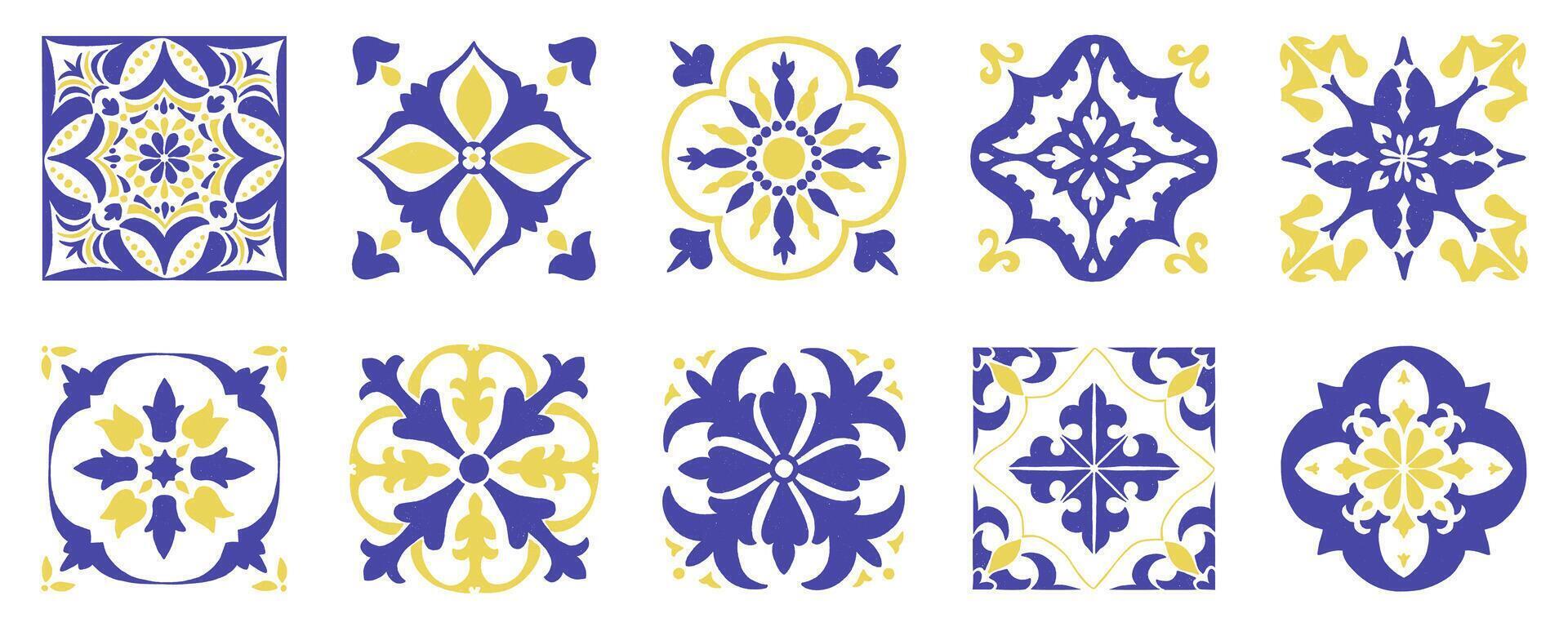 Set of Mediterranean ornament and tile patterns. Blue yellow Italian glazed pottery. Spanish or Portuguese brush painted ceramic ornament. hand drawn Mediterranean classic floral decor. vector