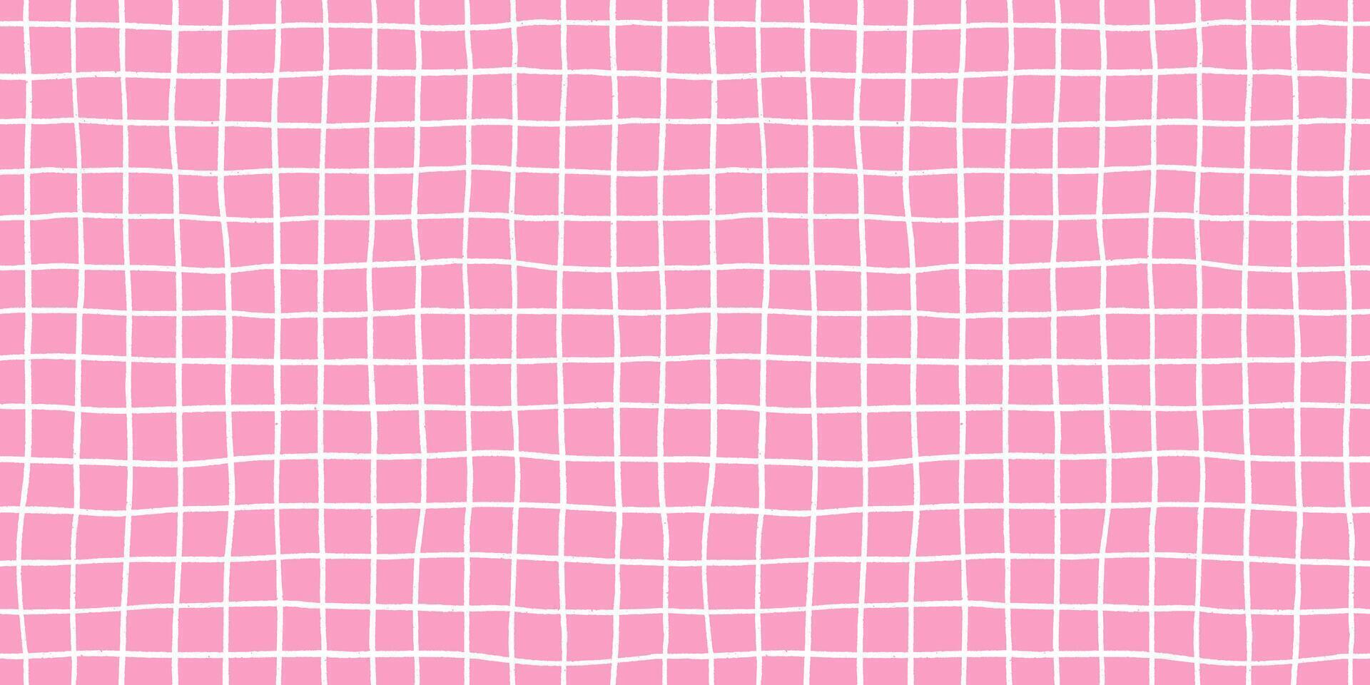 Check seamless pattern grid hand-drawn lines creating a playful background with pink square and wavy doodle textured stripes, perfect for cute designs and modern decor in crayon illustration. vector