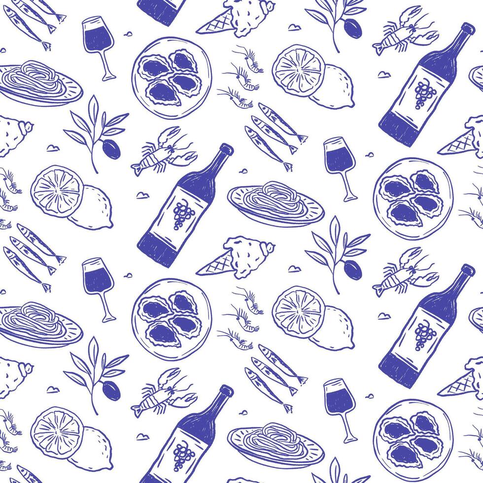 Whimsical seamless Italian coastal pattern with seafood, wine, pasta, olive and other Mediterranean symbols inspired by Amalfi. Summer Italy vacation mood. illustration relaxed crayon sketch. vector