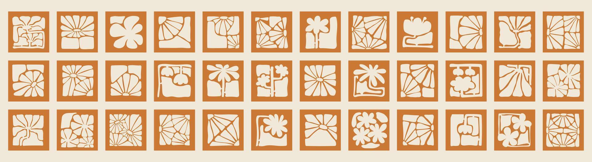A collection of abstract floral stencil designs in square frames. Hand-drawn botanical patterns with modern, organic, and minimalist style. Perfect for decoration, laser cutting, and craft projects. vector