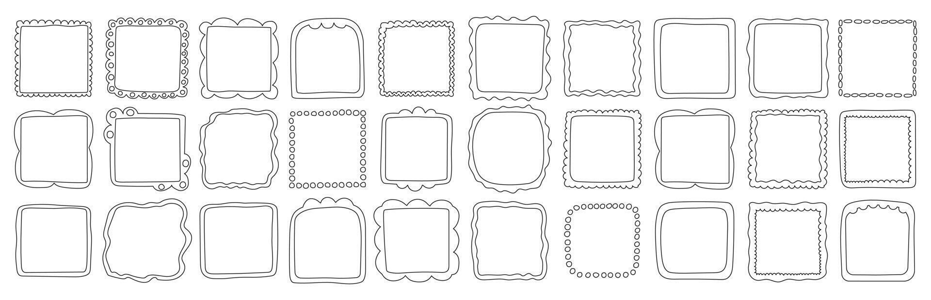 A collection of hand-drawn square frames in black outline style. Minimalist and doodle decorative borders for scrapbooking, invitations, cards, posters, photo albums, and creative design projects. vector