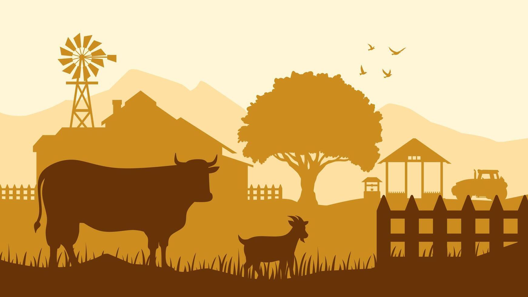 Landscape of farmland with livestock in a countryside scenery. Panoramic view of rural farm with cow and goat in pasture.Scenic countryside building with farmhouse and windmill vector