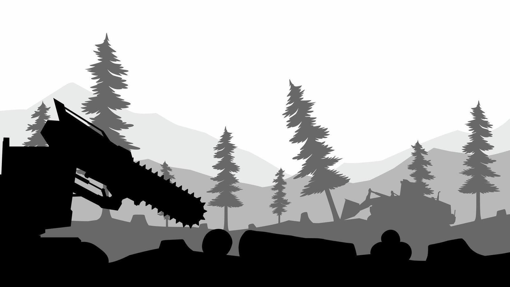 Landscape silhouette of illegal logging in a pine forest. Panoramic view of deforestation with bulldozer and forestry truck. Scenic coniferous forest with illegal tree cutting activity vector