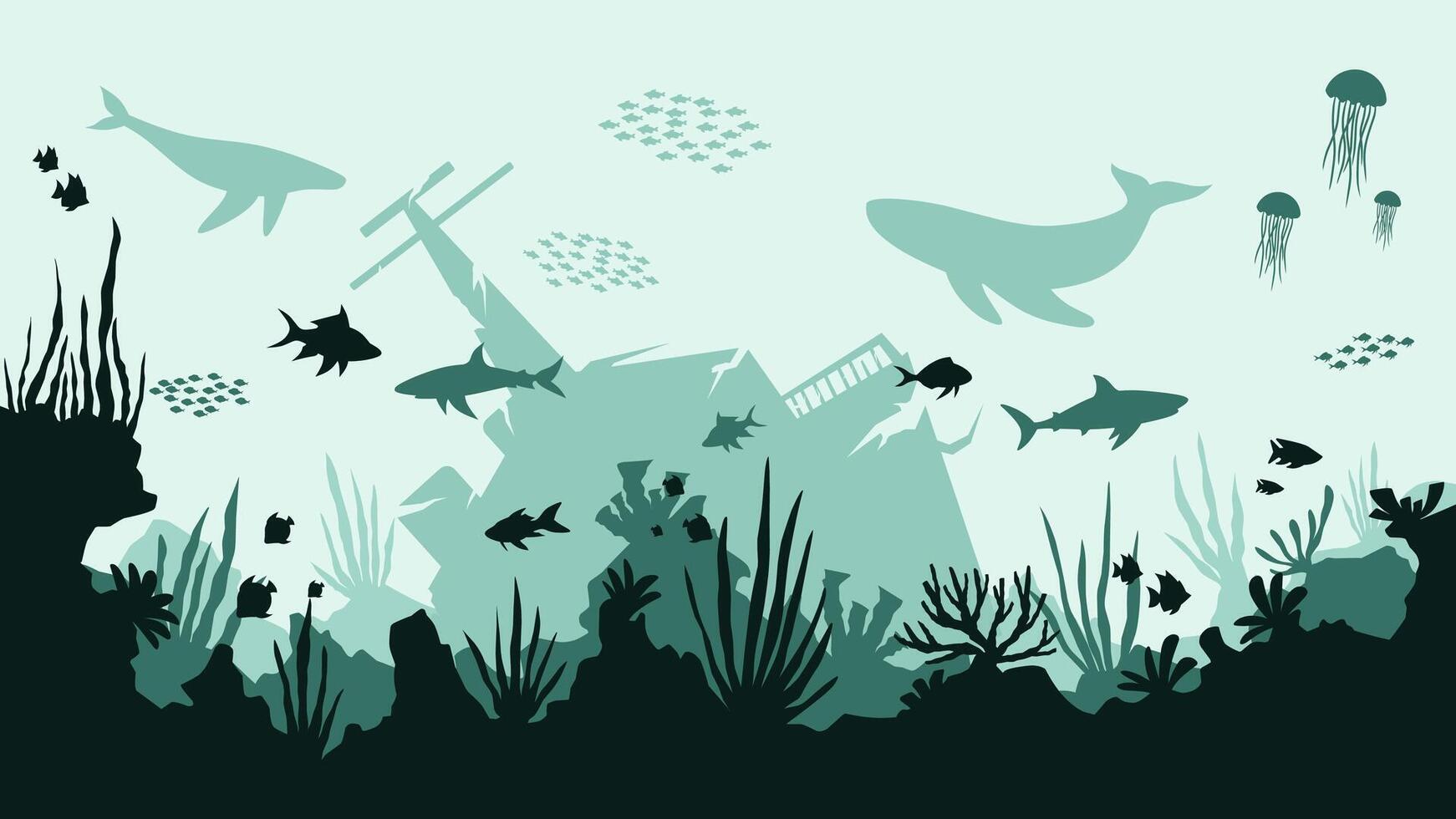 Underwater landscape of shipwreck with coral reefs scenery. Panoramic view of undersea with fishes and sunken ship.Scenic seascape with aquatic ecosystem and marine vegetation vector