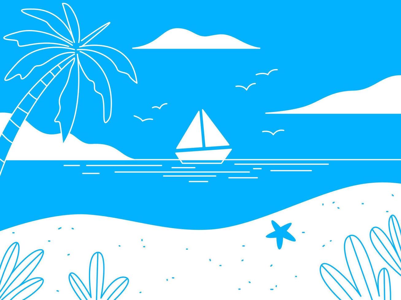 A tranquil seaside scene, a simple line illustration depicting a sunny beach landscape, inviting thoughts of relaxation vector