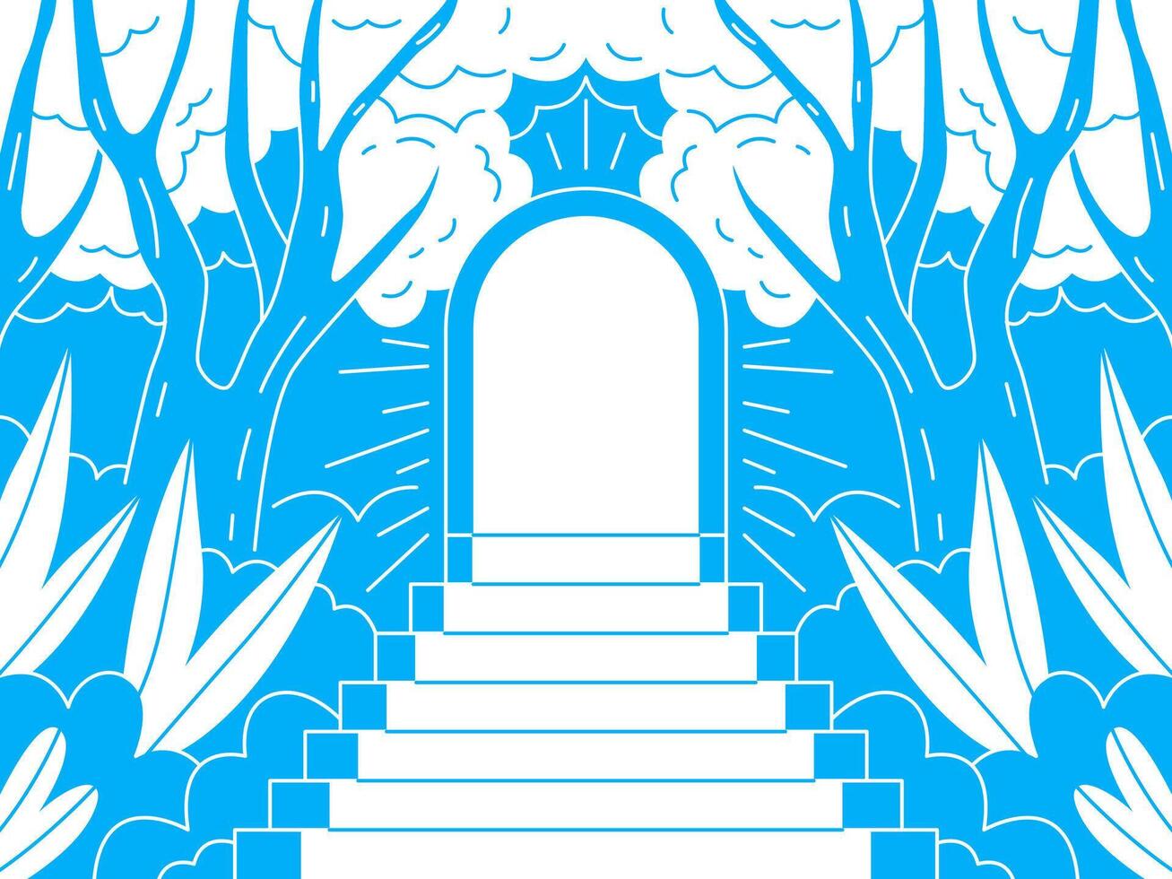 An illustration of a grand archway, standing at the top of a staircase leading into an unknown dimension. Illustrative archway with trees on both sides and a glimpse of fluffy clouds. vector