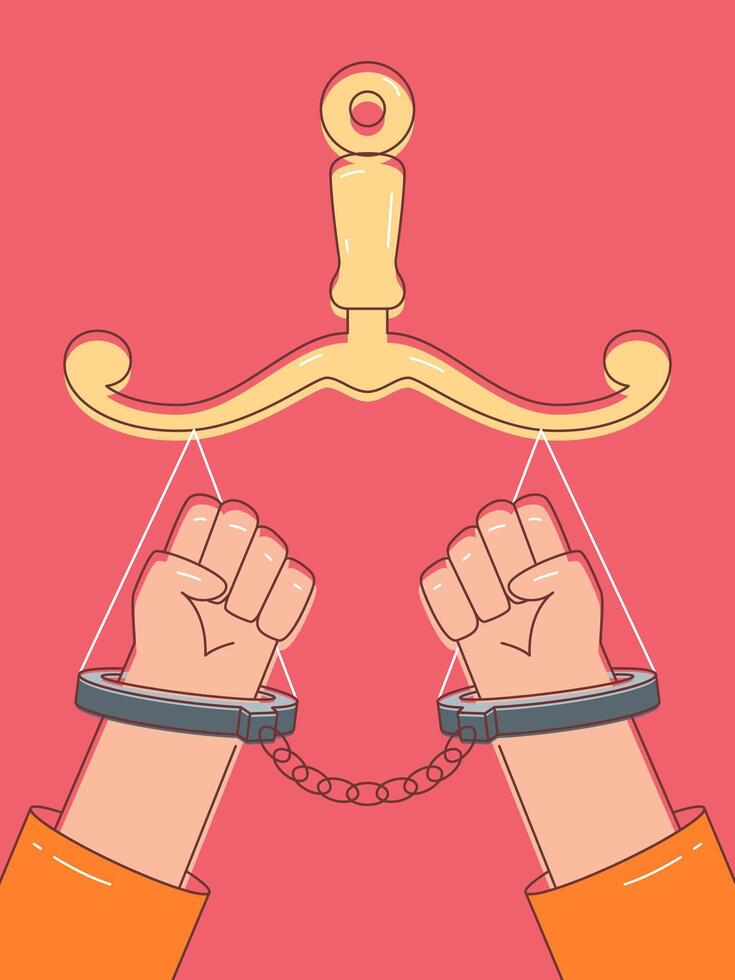 An illustration of justice concept showing handcuff hands under scale on pink background. The scene depicts the struggle for justice. vector