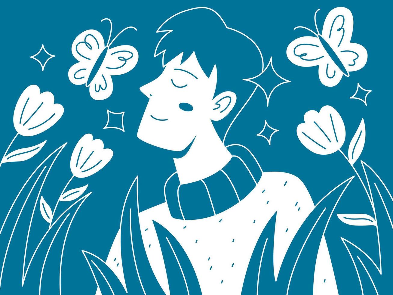 A relaxed individual blissfully experiences the serenity of a vibrant garden, surrounded by blossoming tulips and graceful butterflies, radiating peace and contentment. vector